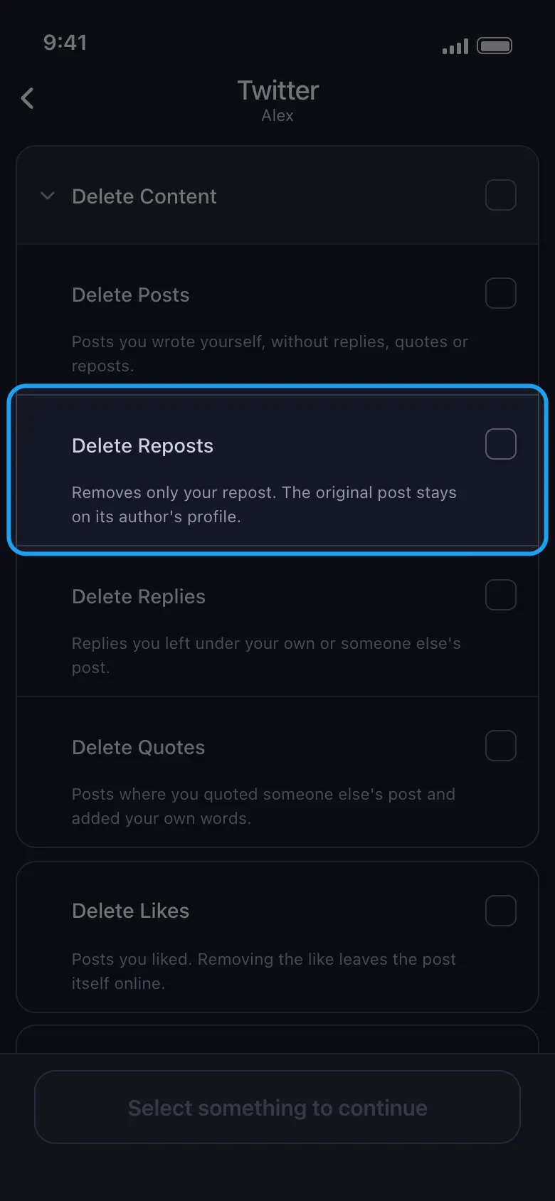X’s Delete Reposts option highlighted with the line that explains it.