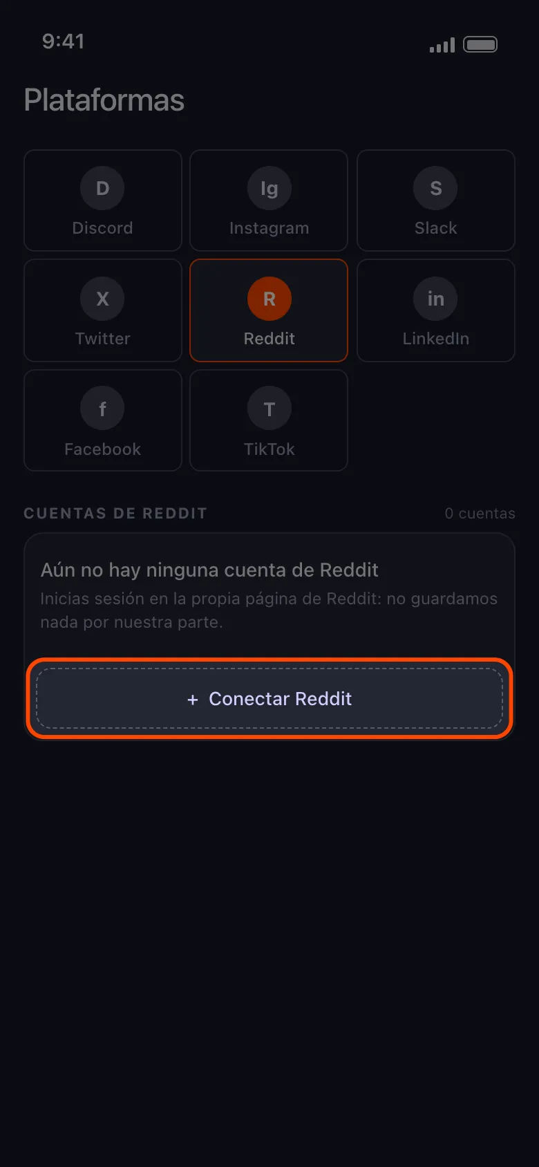 Pantalla de inicio de Unpost con el botón Conectar Reddit destacado