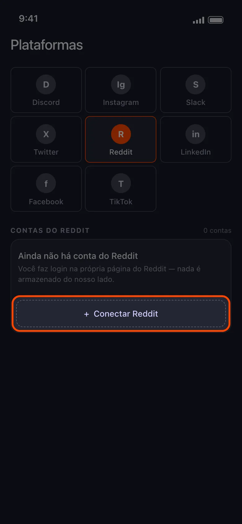 Tela inicial do Unpost com o botão Conectar Reddit em destaque