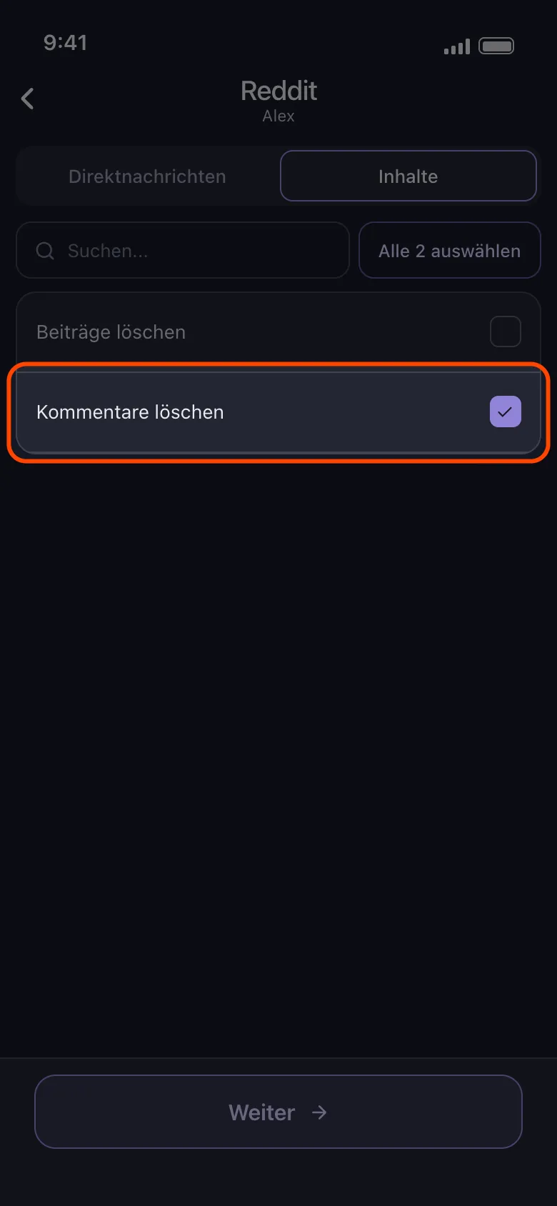 Unposts Reddit-Inhaltsliste mit angehaktem „Kommentare löschen"