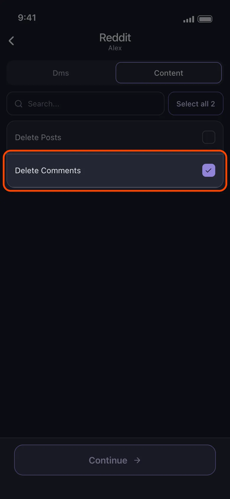 Unpost's Reddit content list with Delete Comments ticked