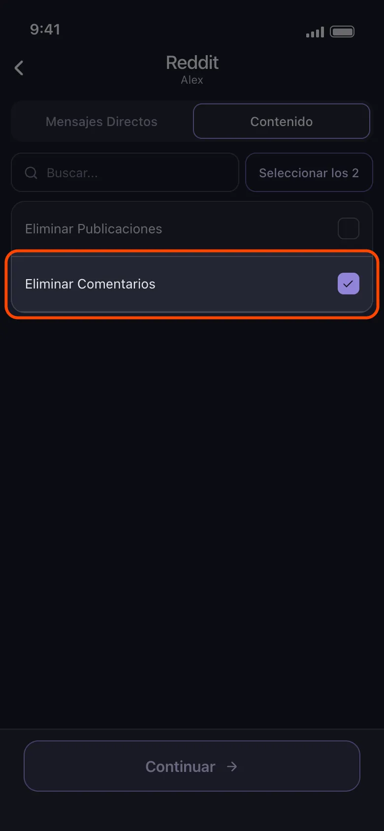 Lista de contenido de Reddit en Unpost con Eliminar Comentarios marcado