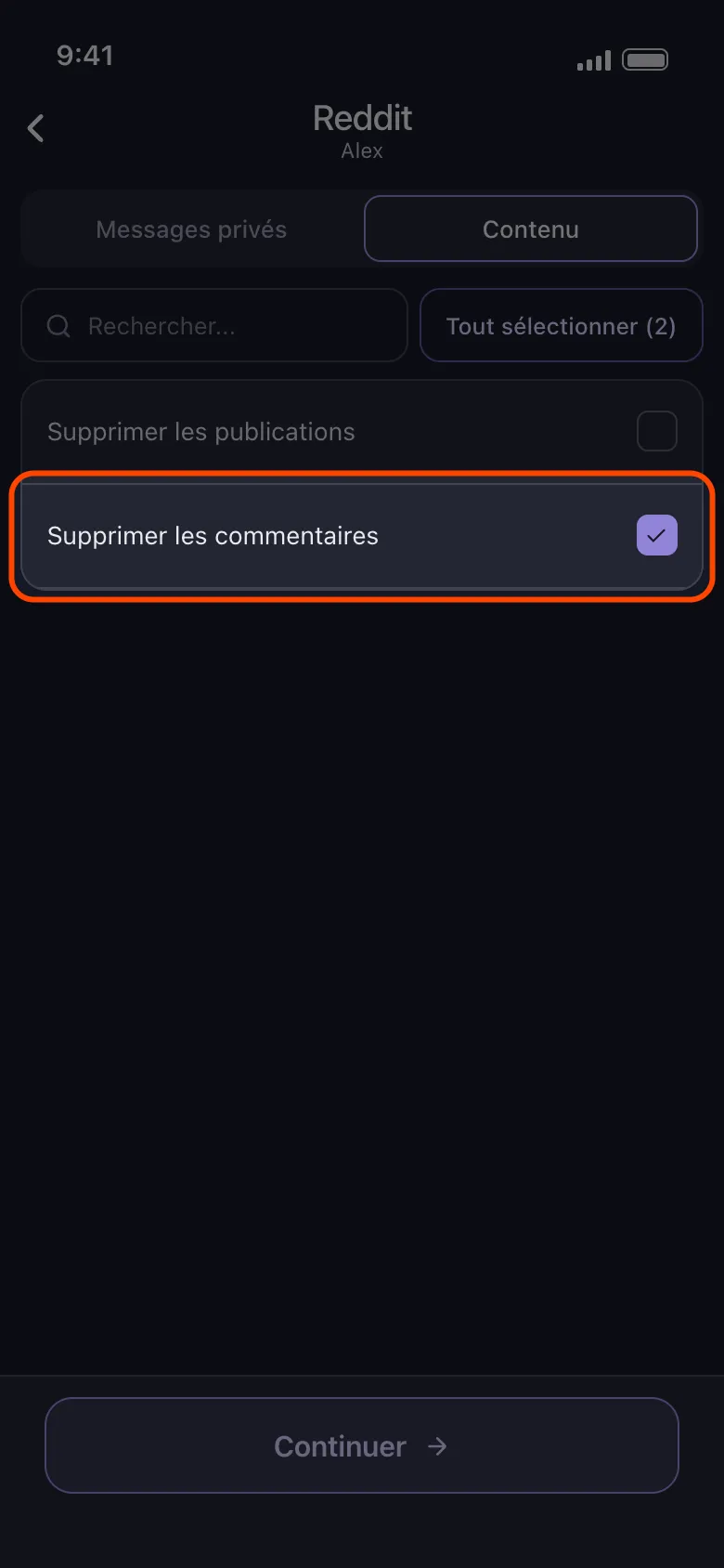 Liste de contenu Reddit d'Unpost avec Supprimer les commentaires coché