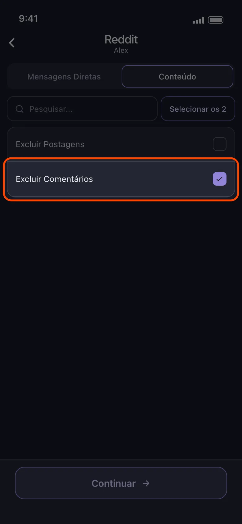 Lista de conteúdo do Reddit no Unpost com Excluir Comentários marcado