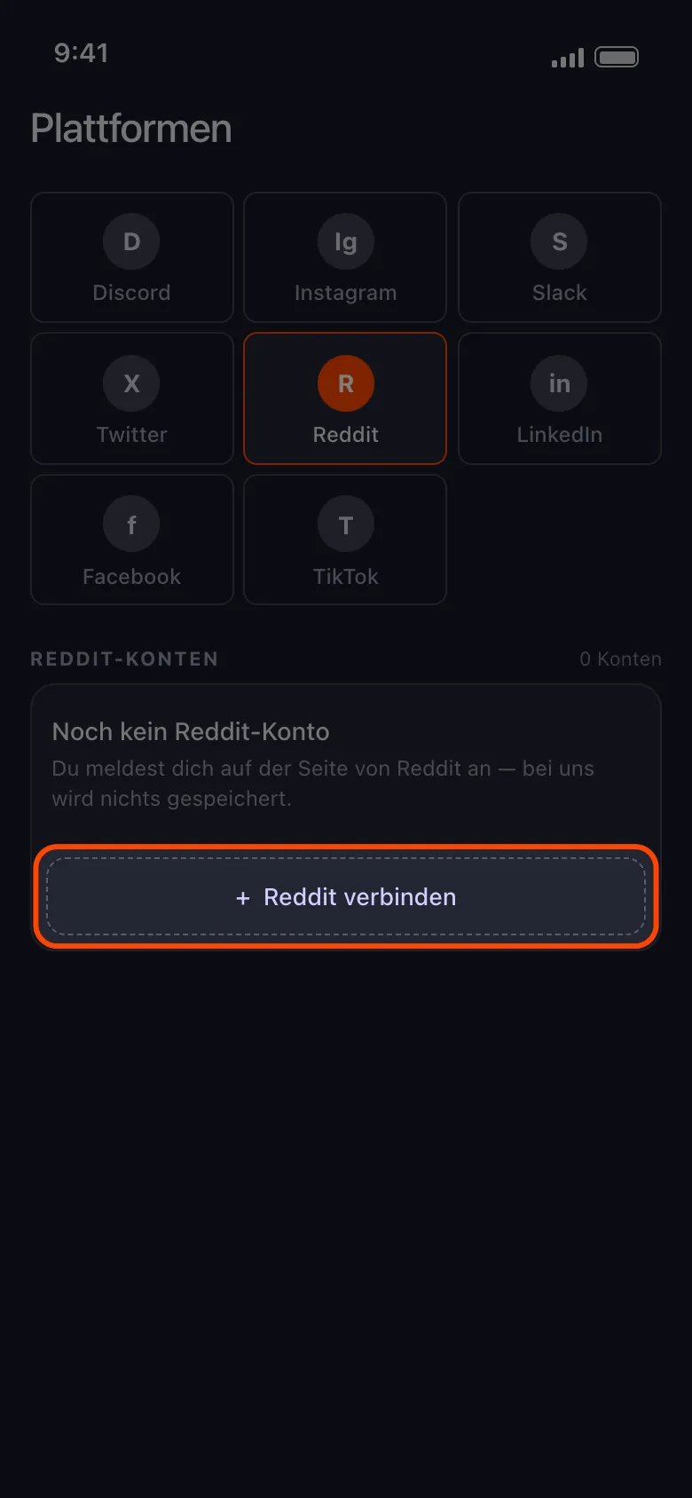 Unposts Startbildschirm mit den Plattformen und dem hervorgehobenen Button „Reddit verbinden“ im Reddit-Kontobereich
