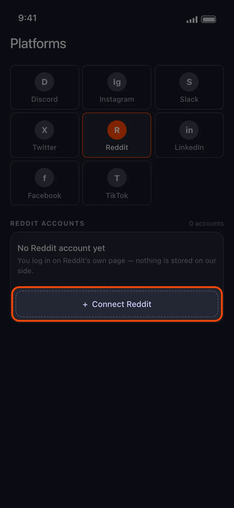 Unpost's Platforms home screen with the Reddit account area and the Connect Reddit button highlighted