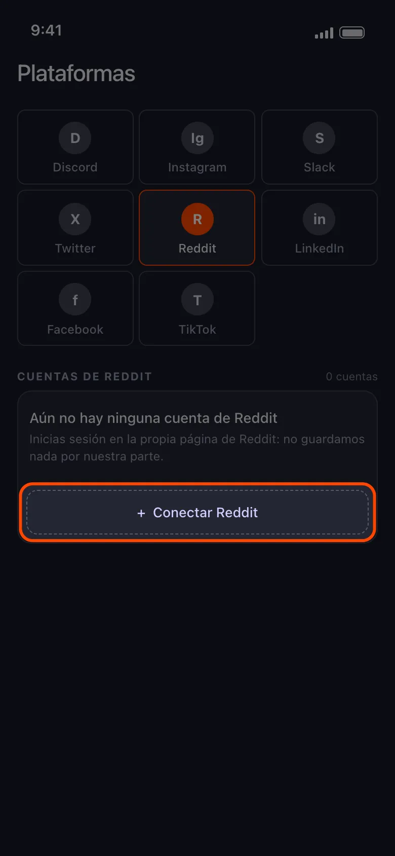 Pantalla de inicio Plataformas de Unpost con el área de la cuenta de Reddit y el botón Conectar Reddit resaltado