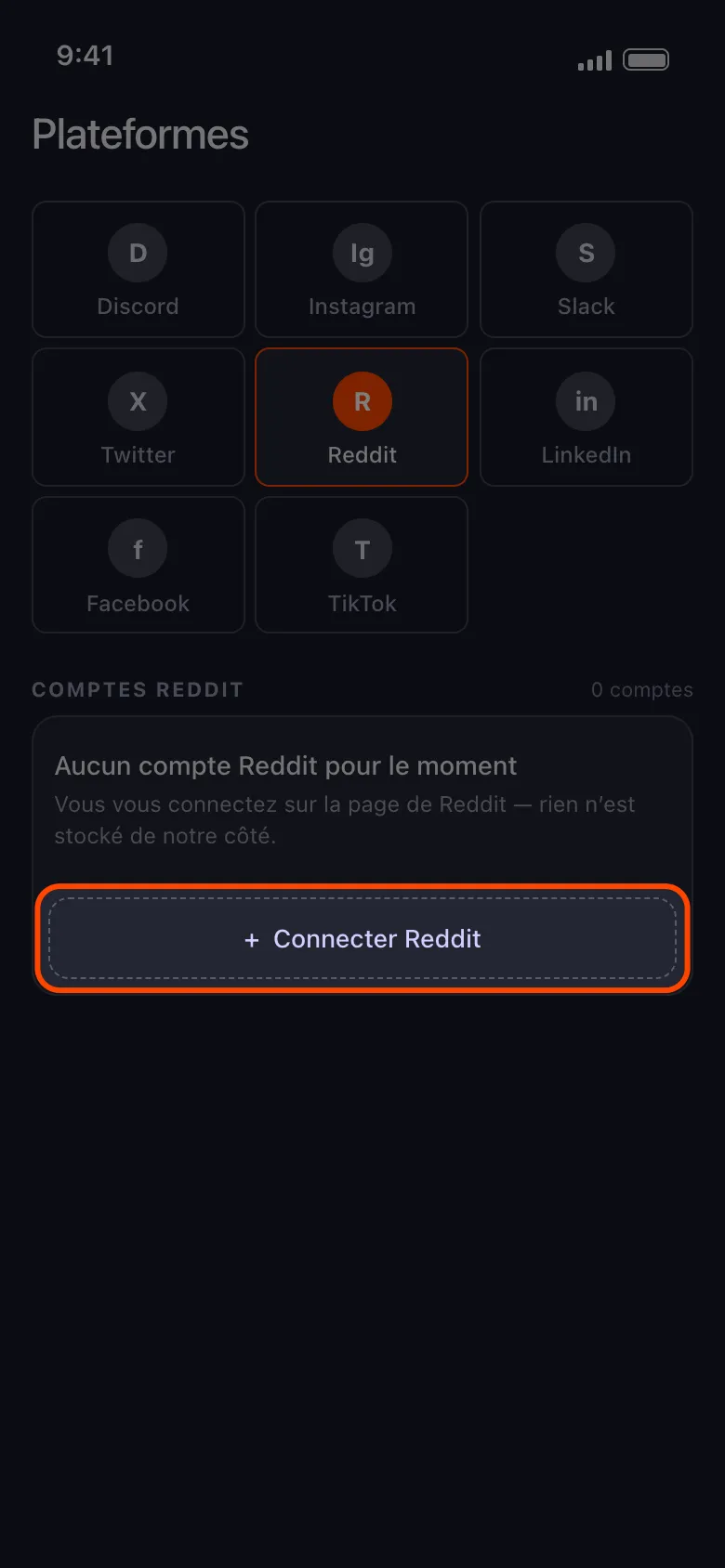 Écran d'accueil Plateformes d'Unpost avec la zone du compte Reddit et le bouton « Connecter Reddit » mis en évidence