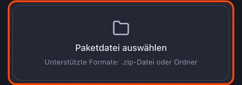 Unposts Reddit-Datenpaket-Ansicht mit dem hervorgehobenen Button „Paketdatei auswählen“