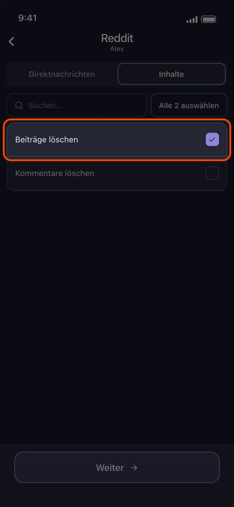 Unposts Reddit-Liste „Was löschen“ mit angehaktem und hervorgehobenem Eintrag „Beiträge löschen“