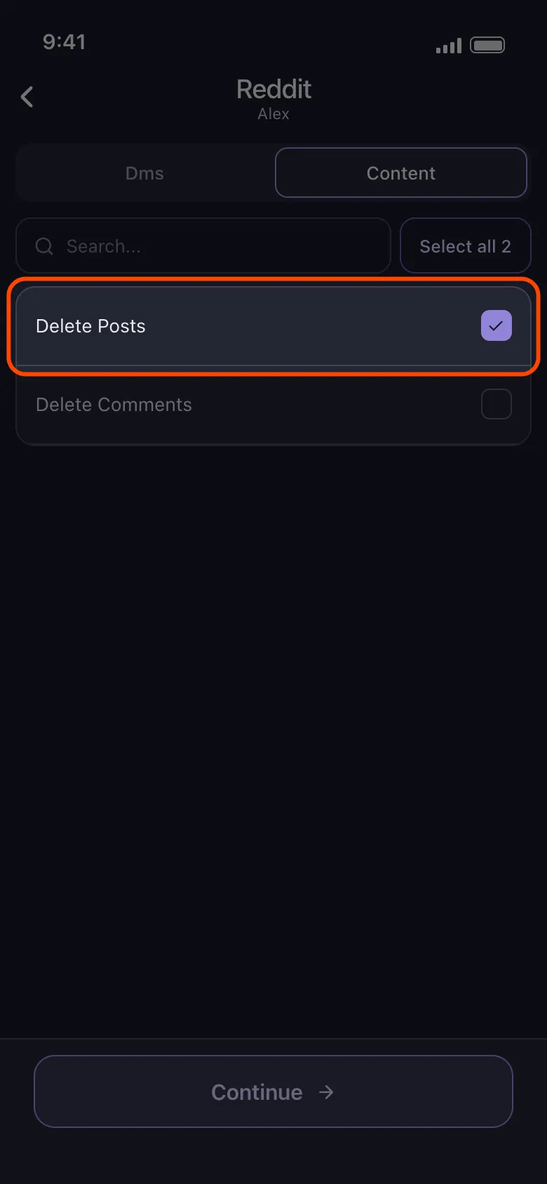 Unpost's Reddit "what to delete" list with the Delete Posts row ticked and highlighted
