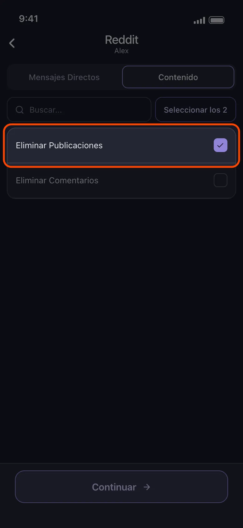 Lista de qué eliminar de Reddit en Unpost con la fila Eliminar Publicaciones marcada y resaltada