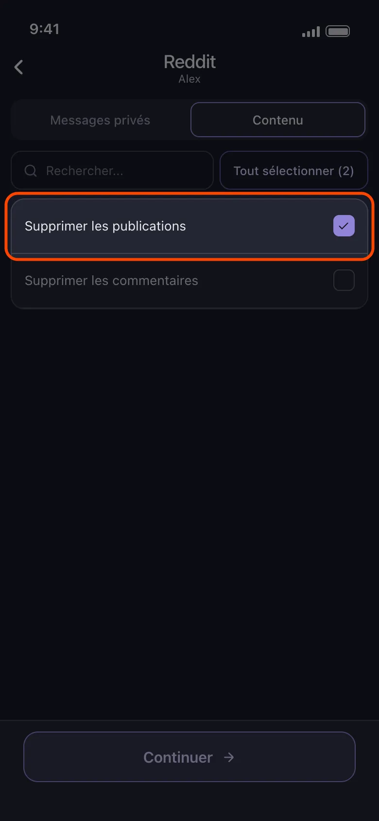Liste Reddit « quoi supprimer » d'Unpost avec la ligne « Supprimer les publications » cochée et mise en évidence
