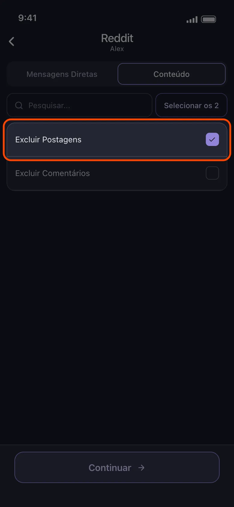 Lista "o que excluir" do Reddit no Unpost com a opção "Excluir Postagens" marcada e em destaque
