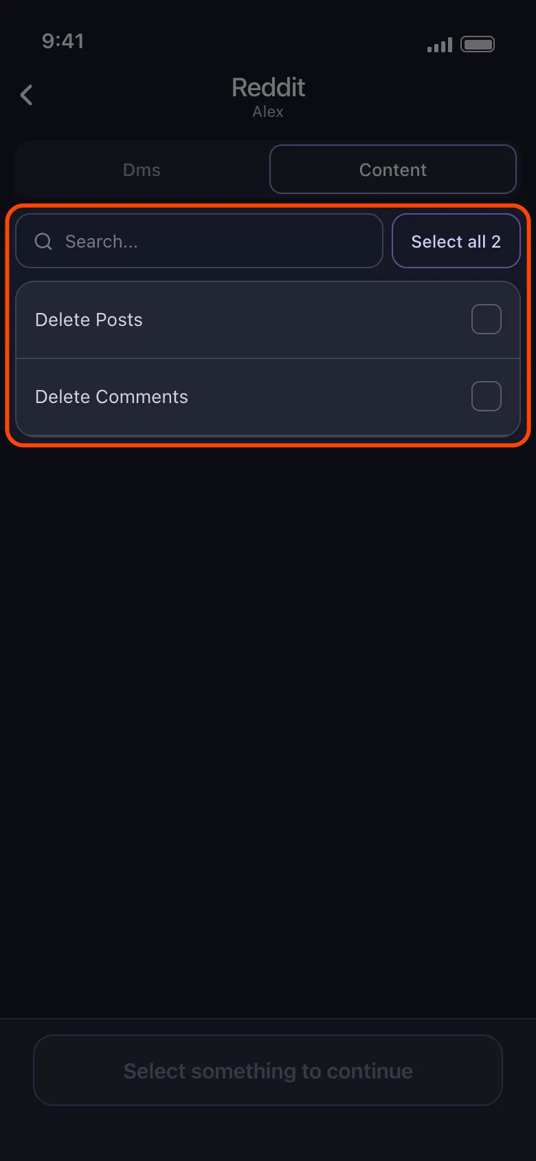 Reddit’s Content list highlighted, with Delete Posts and Delete Comments.