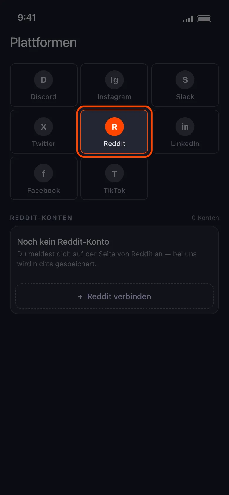 Der Unpost-Startbildschirm mit ausgewählter Reddit-Kachel