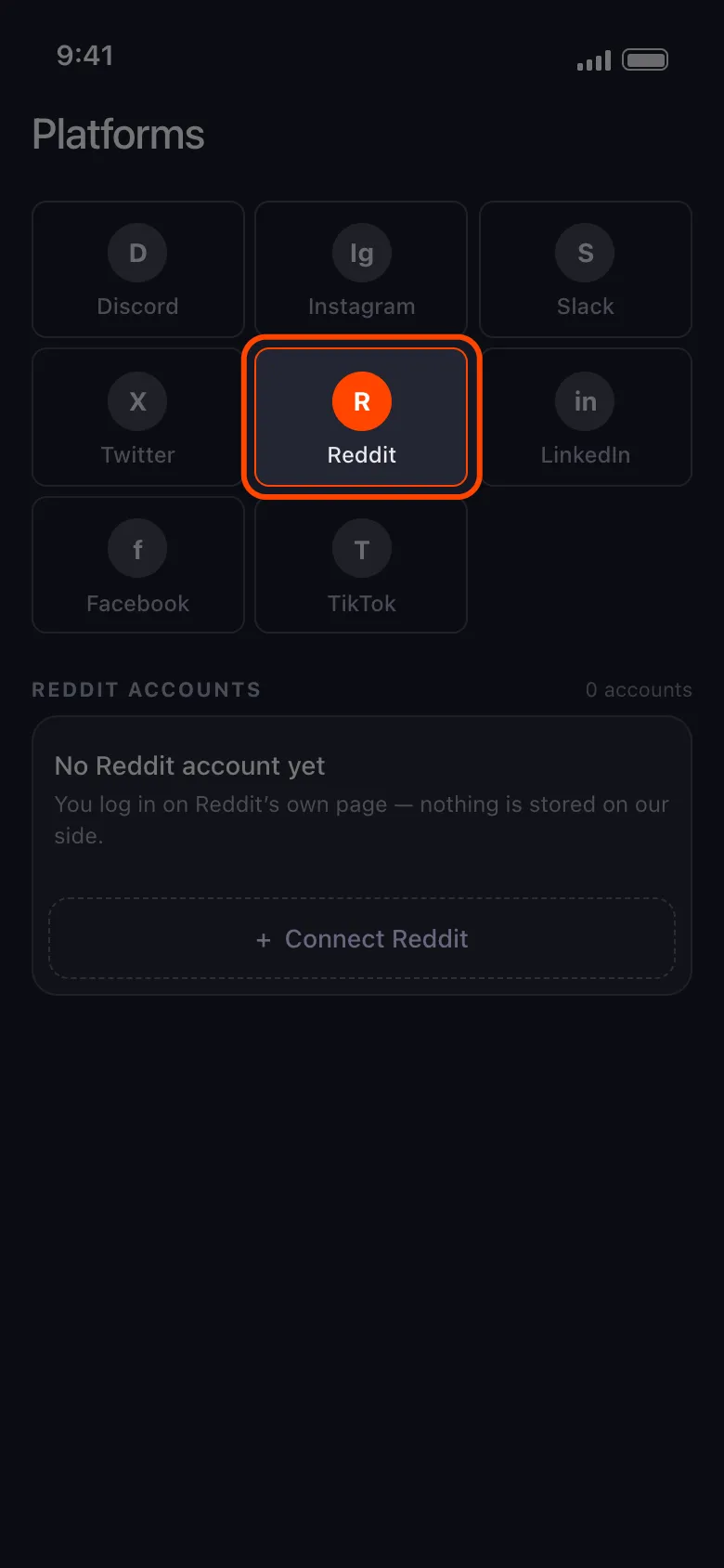 The Unpost home screen with the Reddit tile selected