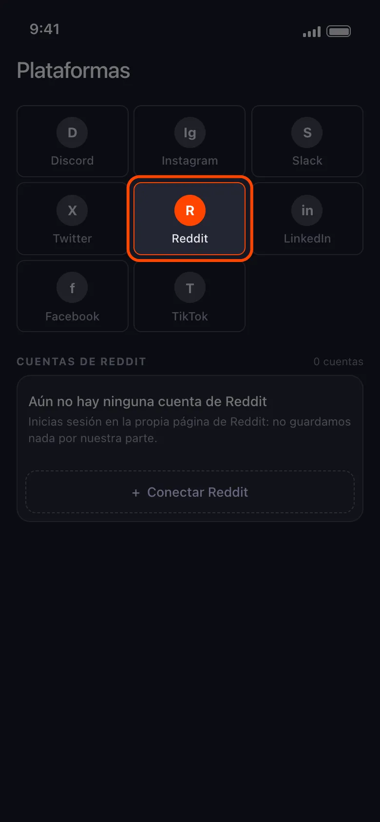 La pantalla de inicio de Unpost con la casilla de Reddit seleccionada