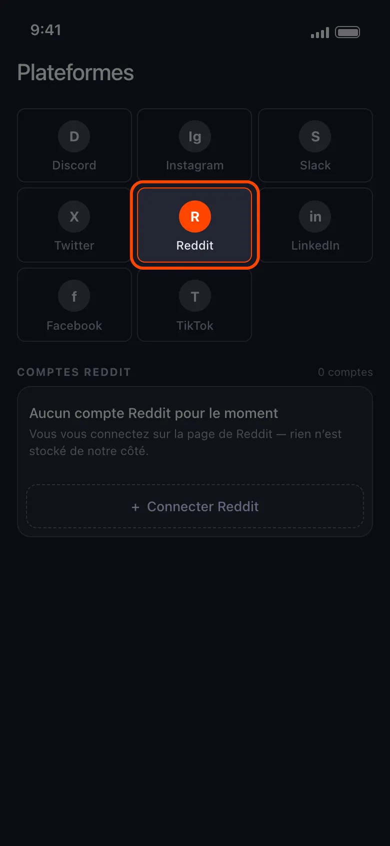 L'écran d'accueil Unpost avec la tuile Reddit sélectionnée
