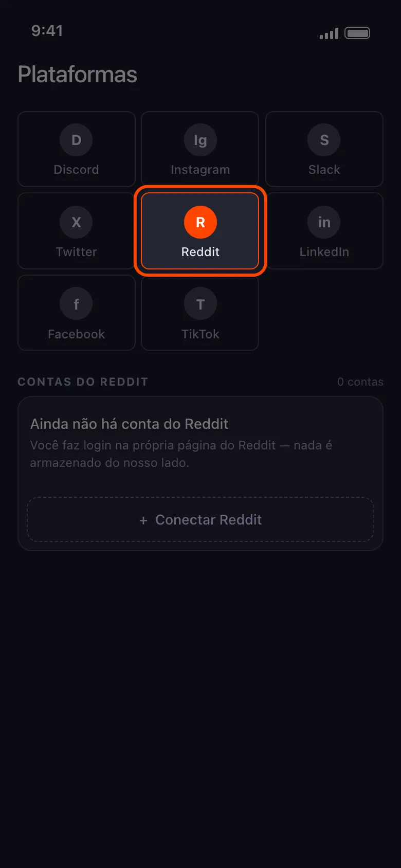 Tela inicial do Unpost com o bloco do Reddit selecionado
