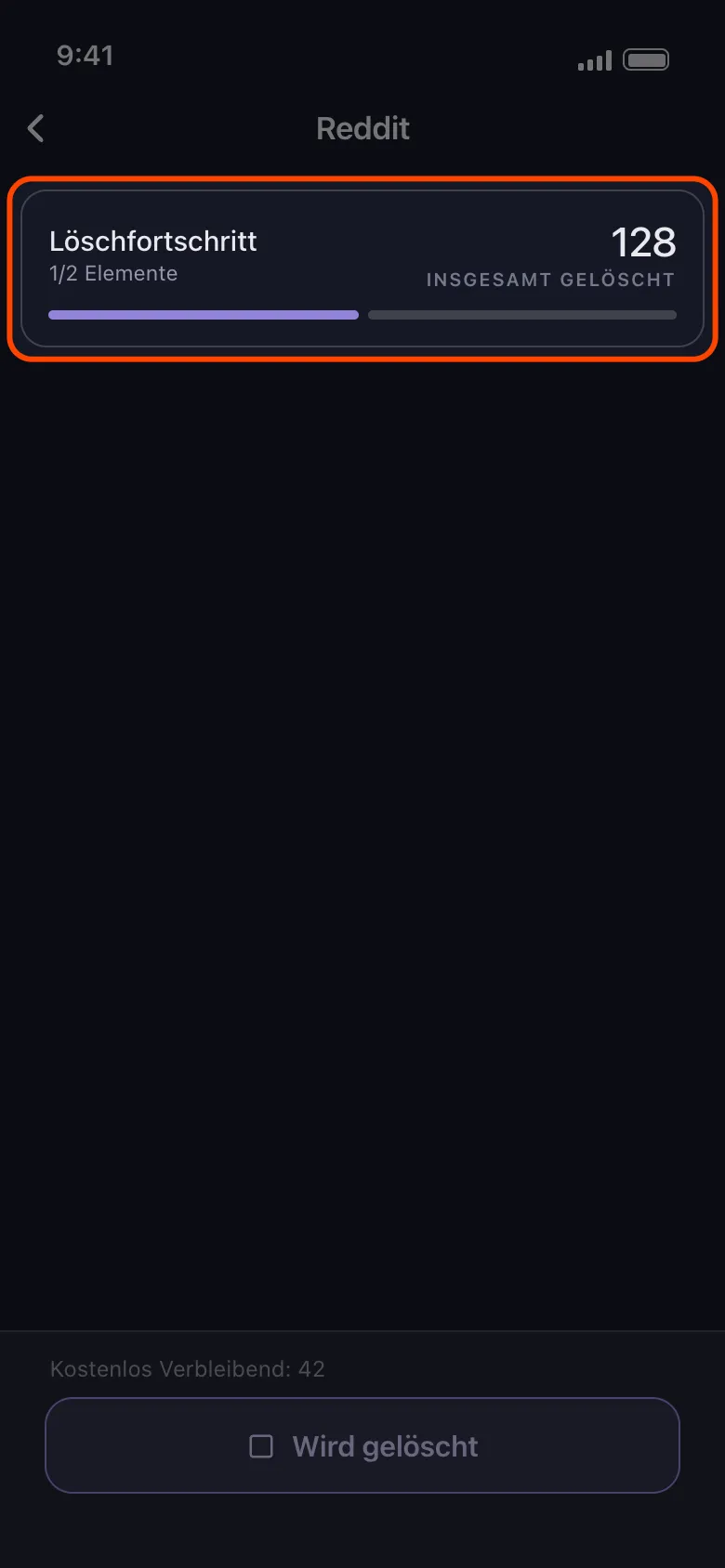 Unposts Fortschrittskarte mit Löschfortschritt und laufender Gesamtzahl gelöschter Einträge