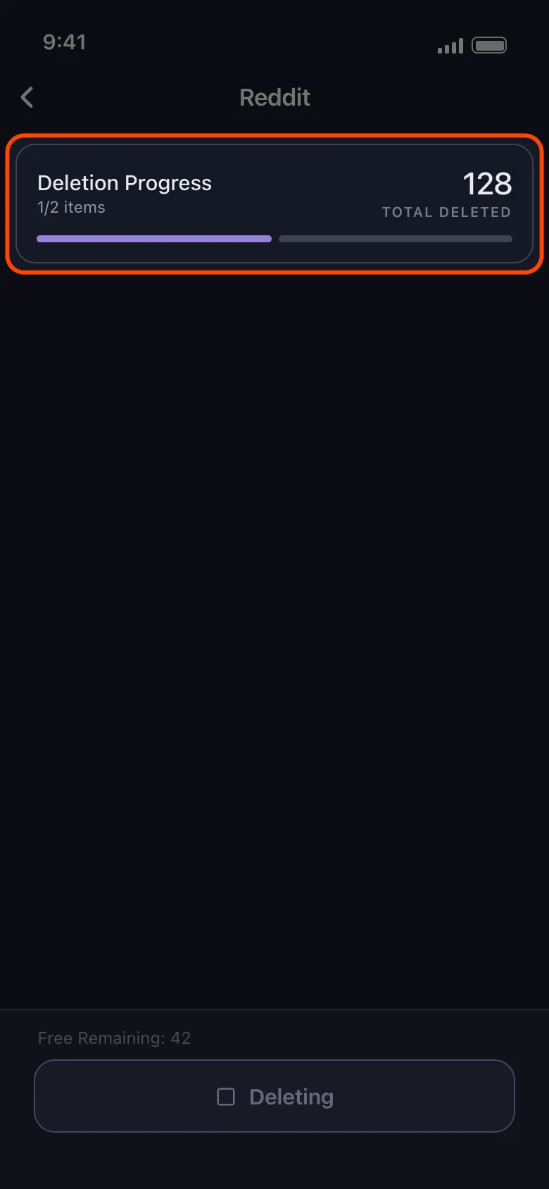 Unpost's run card showing deletion progress and the total deleted count