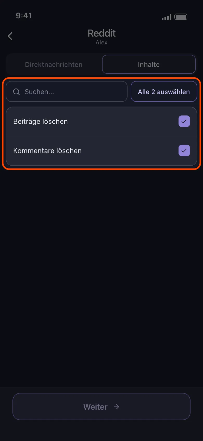 Unposts Reddit-Liste mit angehakten Optionen „Beiträge löschen" und „Kommentare löschen"