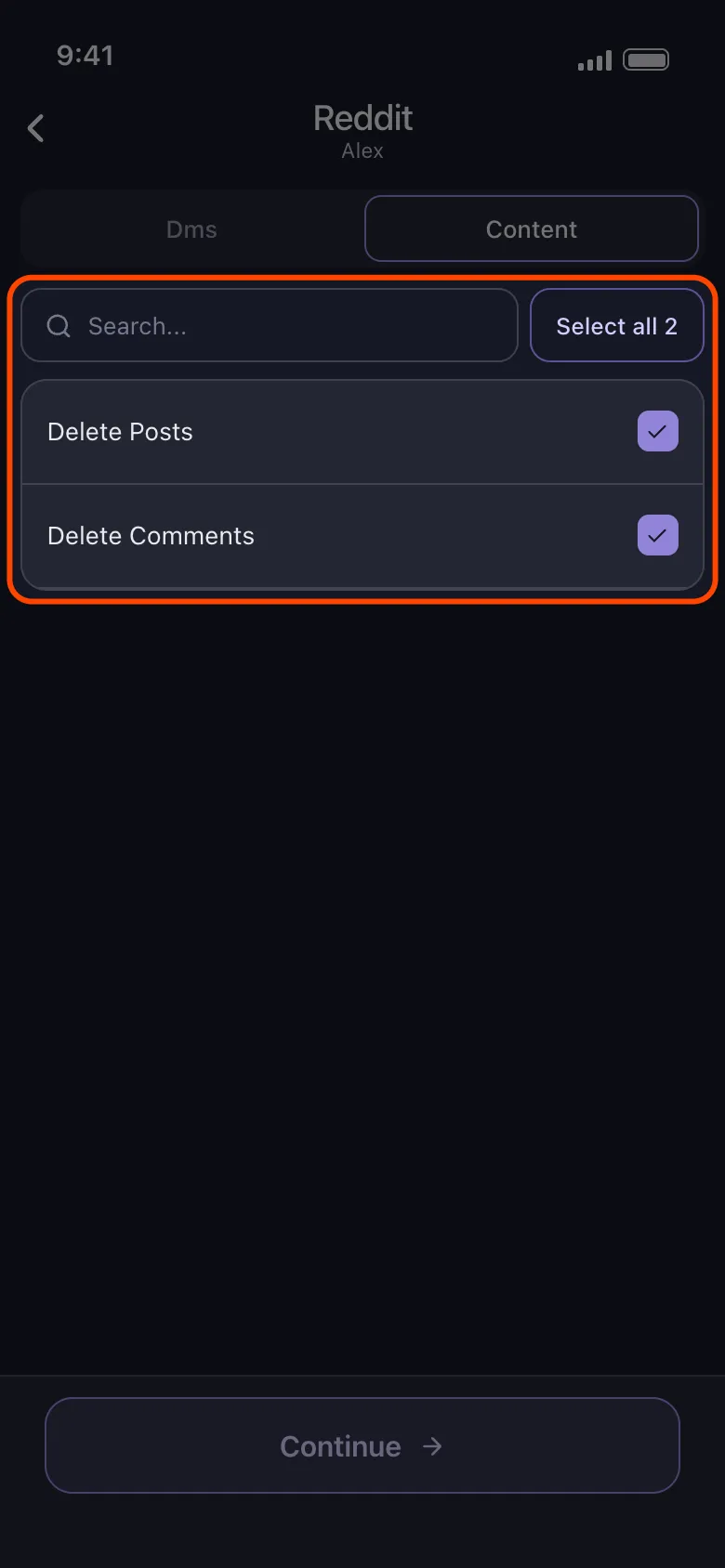 Unpost's Reddit list with Delete Posts and Delete Comments both ticked