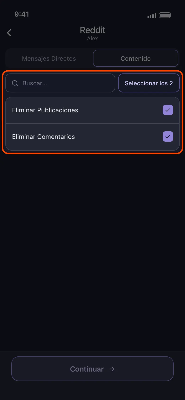 La lista de Reddit en Unpost con Eliminar Publicaciones y Eliminar Comentarios marcadas
