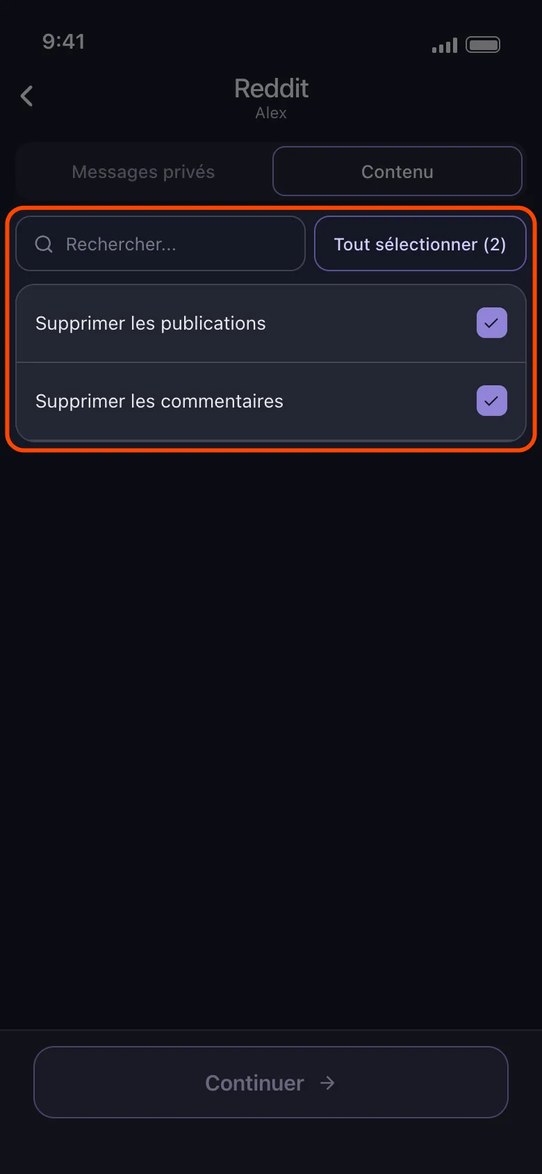 La liste Reddit d'Unpost avec Supprimer les publications et Supprimer les commentaires cochés