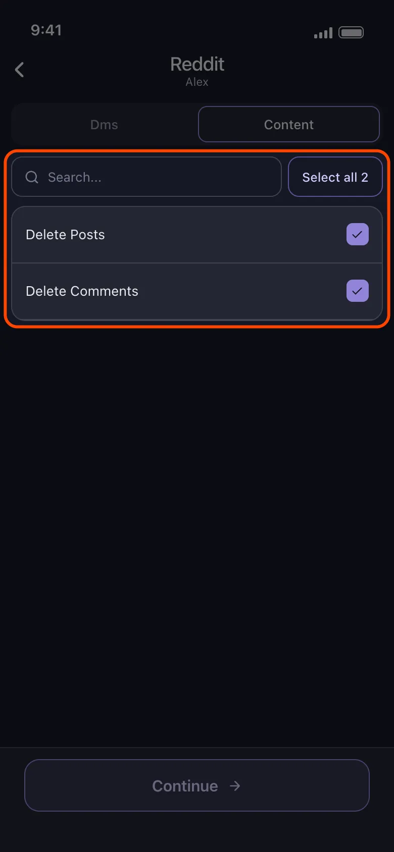 Unpost's "what to delete" screen for Reddit on the Content tab, with the select-all bar and the category list highlighted: Delete Posts and Delete Comments both ticked above the Continue button