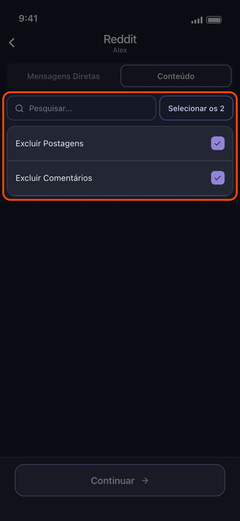 Lista do Reddit no Unpost com Excluir Postagens e Excluir Comentários marcados