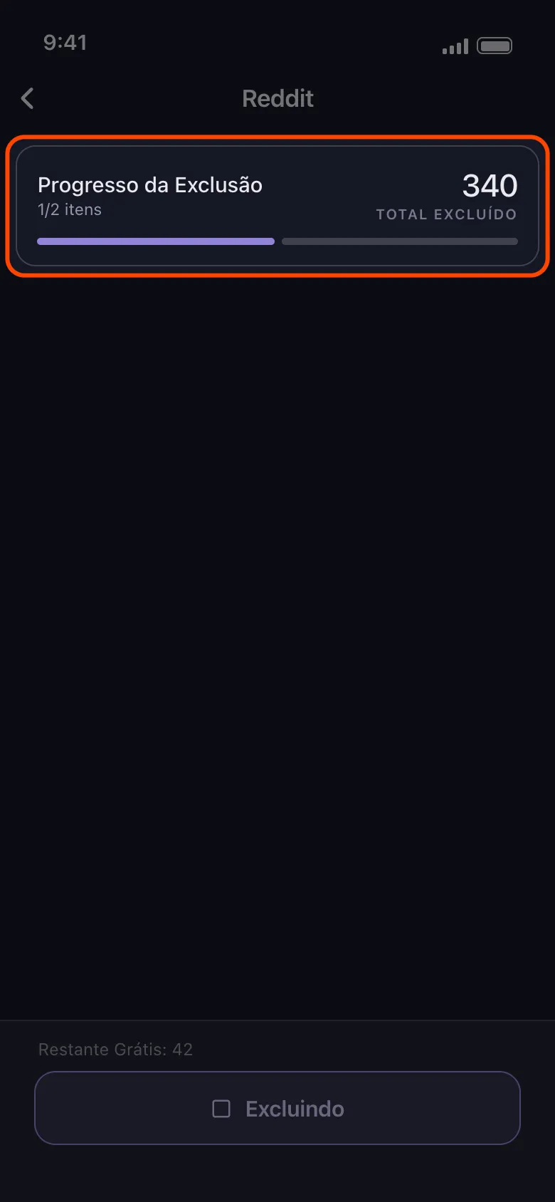 Execução da exclusão do Reddit no Unpost com o cartão de progresso destacado, mostrando "Progresso da Exclusão", a contagem de concluídos sobre o total e o total de itens excluídos em execução, acima do botão de parar