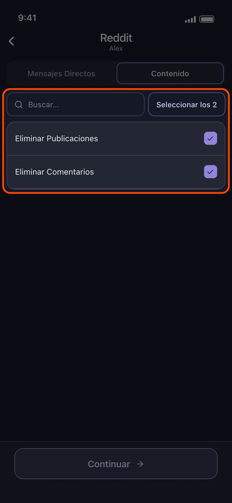 Pantalla de Unpost "qué eliminar" para Reddit en la pestaña Contenido, con la barra de selección y la lista de categorías resaltadas: Eliminar Publicaciones y Eliminar Comentarios marcadas antes del botón Continuar