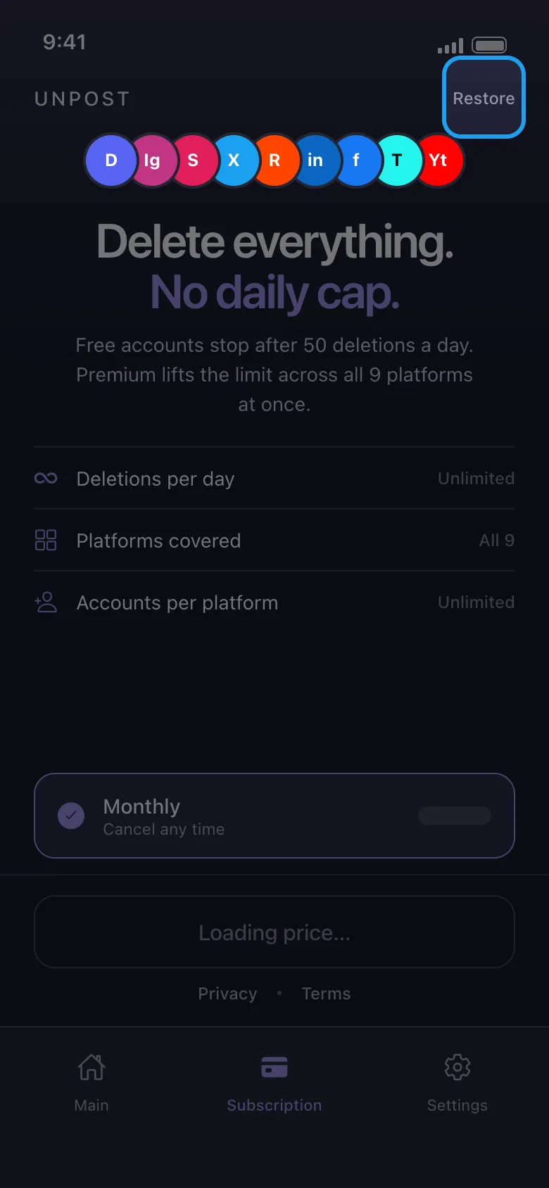 The Subscription tab with the Restore button highlighted at the top right.