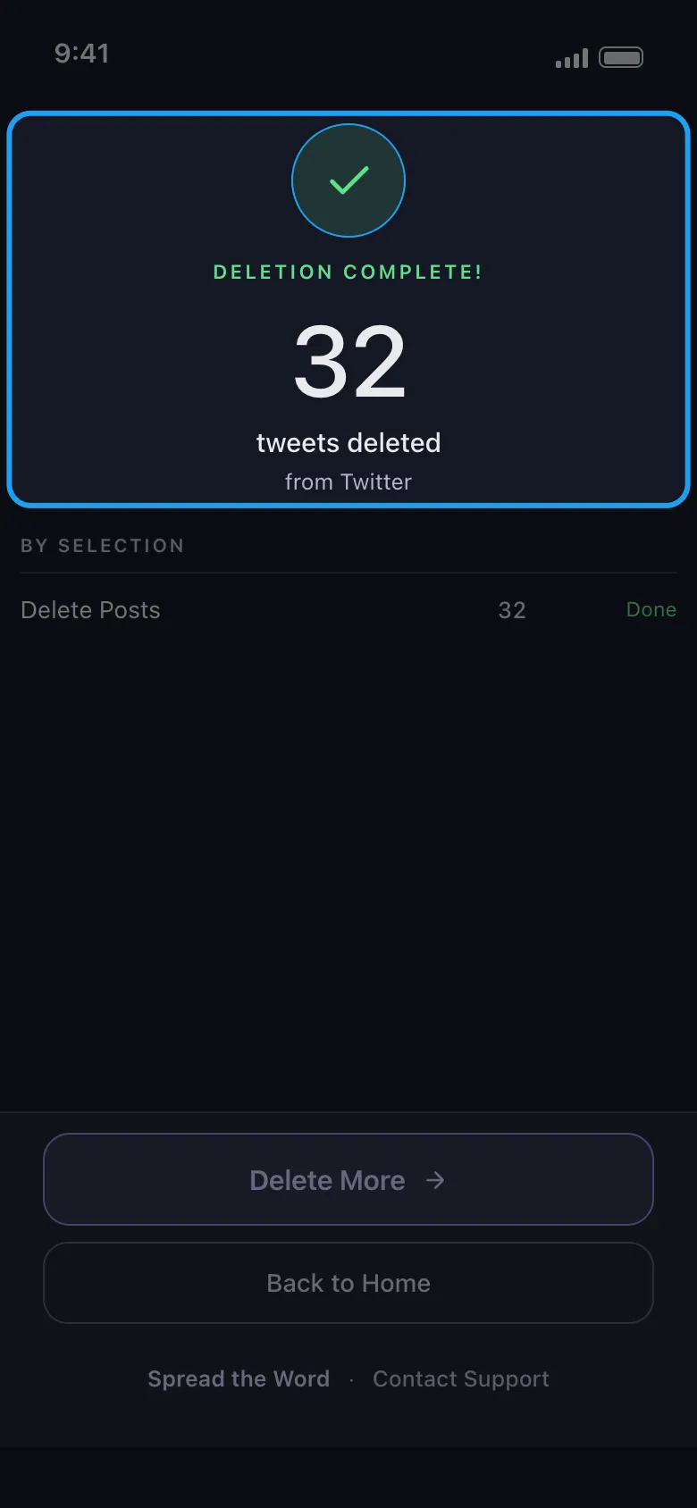 The result screen with Deletion Complete! and 32 tweets deleted highlighted.
