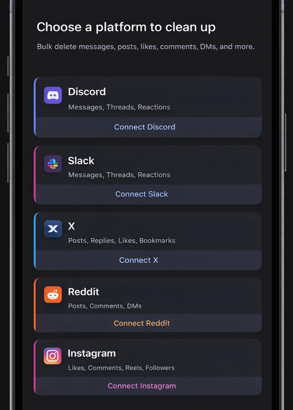 App screenshot showing Unpost's user interface for bulk message deletion