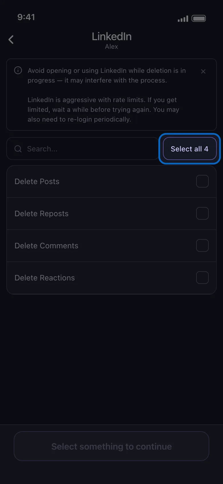 LinkedIn’s list with the Select all 4 button highlighted.
