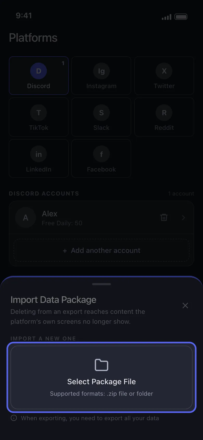 The Import Data Package sheet with Select Package File highlighted.