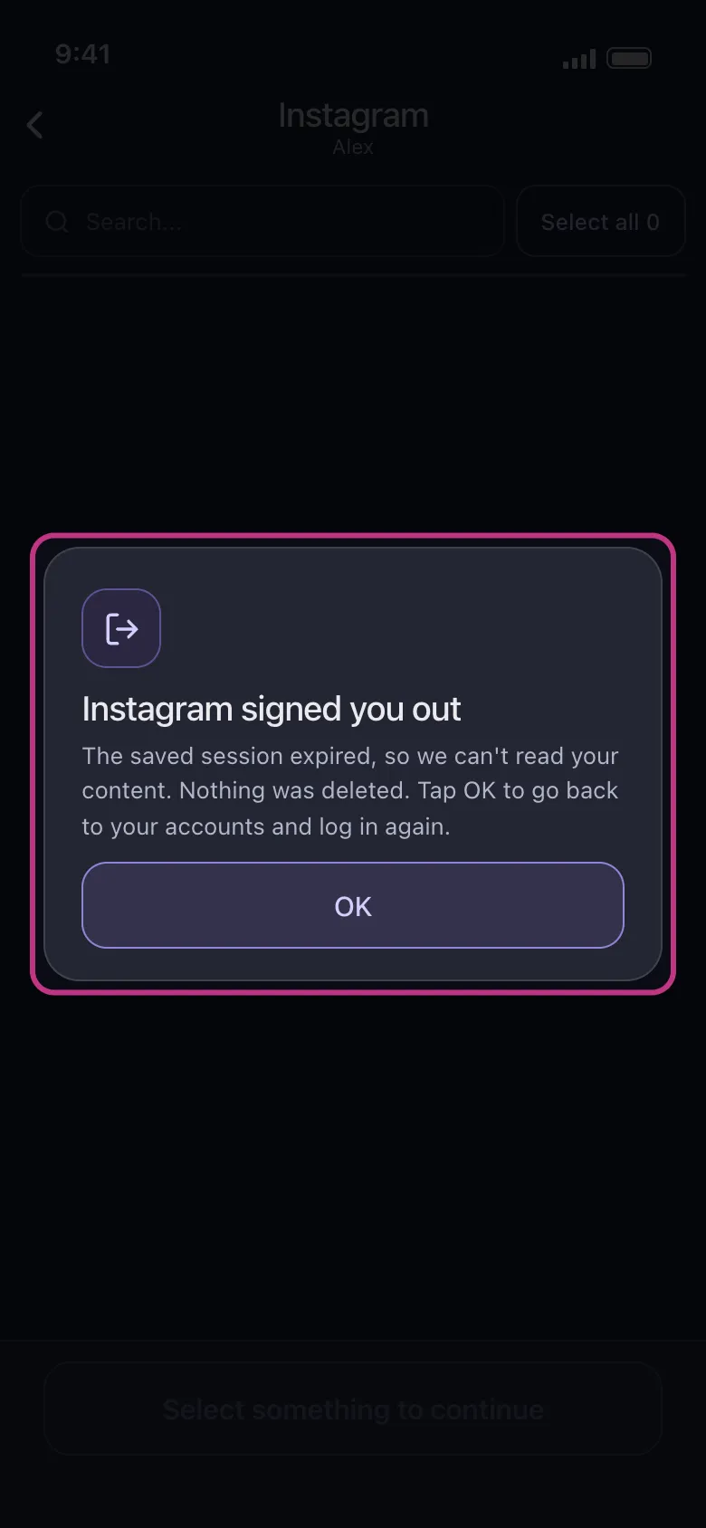 The Instagram signed you out dialog highlighted, with its OK button.