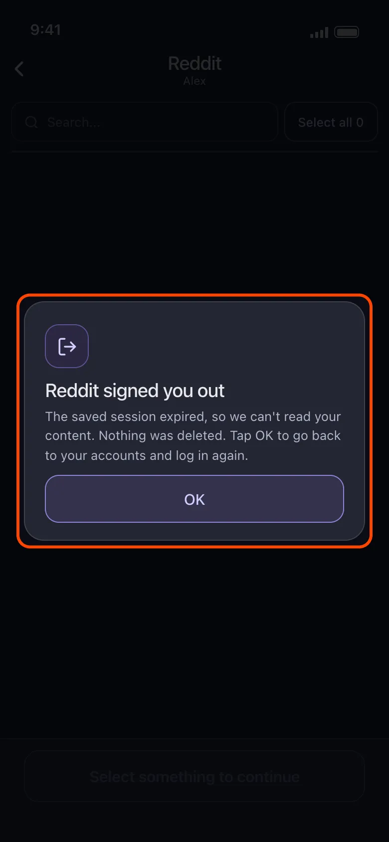 The Reddit signed you out dialog, highlighted, with its OK button.