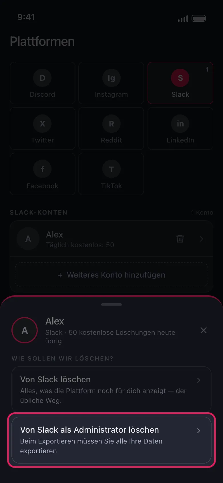 Unpost-Kontoblatt für einen Slack-Arbeitsbereich mit hervorgehobenem „Von Slack als Administrator löschen"