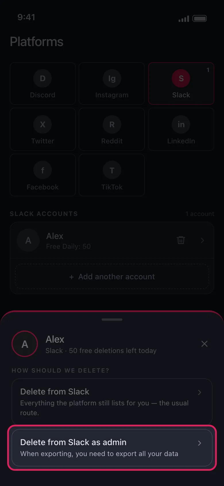 Unpost account sheet for a Slack workspace with "Delete from Slack as admin" highlighted