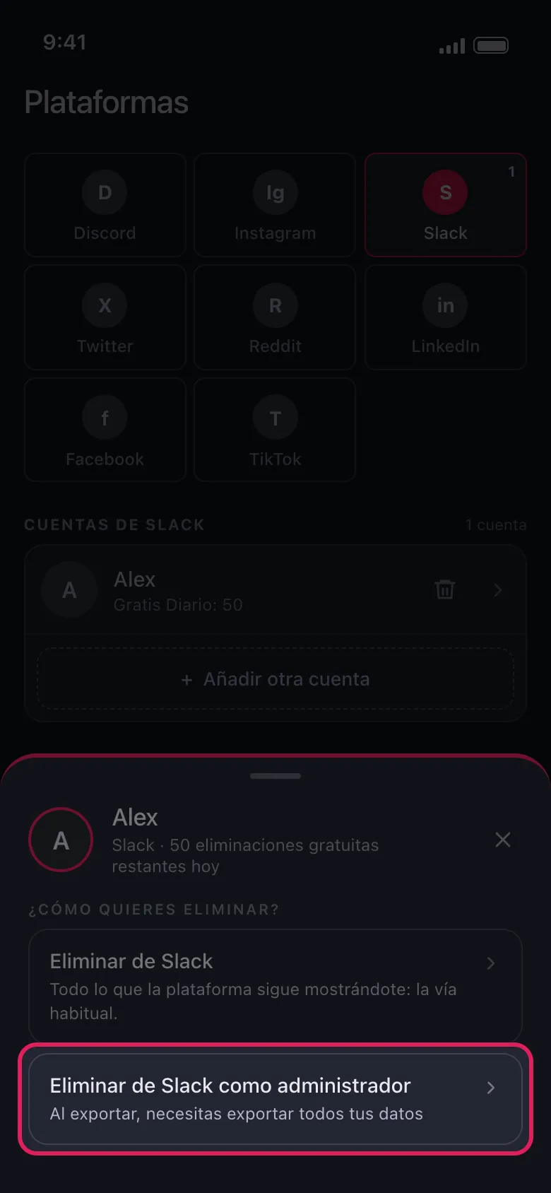 Hoja de cuenta de Unpost para un espacio de trabajo de Slack con "Eliminar de Slack como administrador" resaltado
