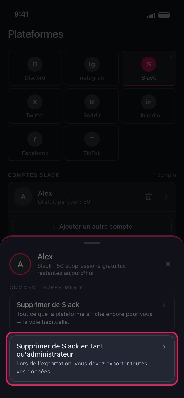 Fiche de compte Unpost pour un espace de travail Slack avec l'option « Supprimer de Slack en tant qu'administrateur » mise en avant