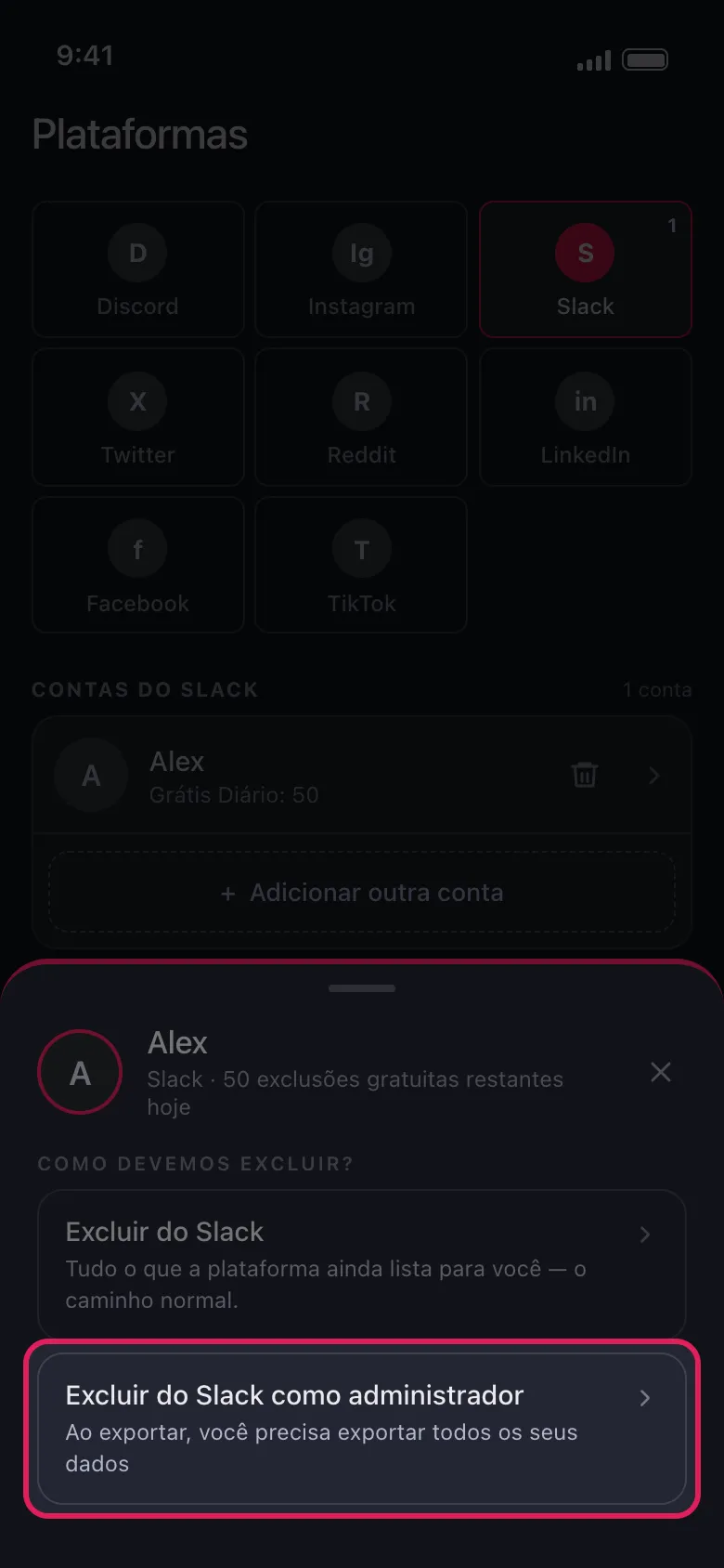 Folha de conta do Unpost para um espaço de trabalho do Slack com "Excluir do Slack como admin" em destaque