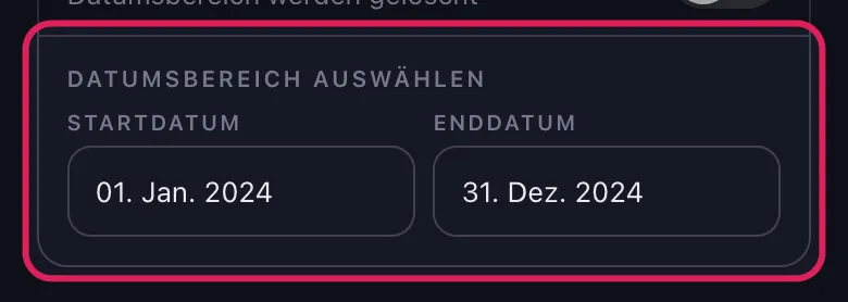 Start- und Enddatum-Felder im Zeitraum-Bereich von Unpost für Slack