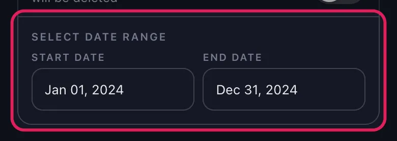 Start and end date fields in Unpost's date range section for Slack