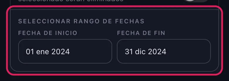 Campos de fecha de inicio y fin en la sección de rango de fechas de Unpost para Slack