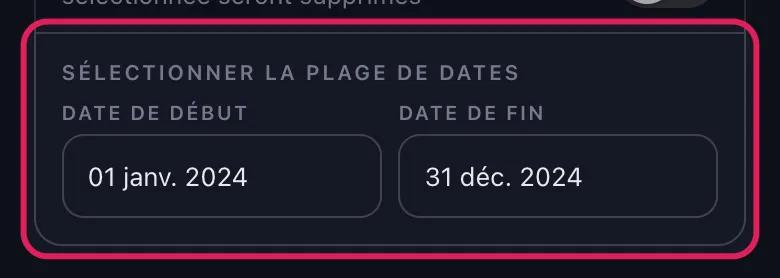 Champs de date de début et de fin dans la section plage de dates d'Unpost pour Slack